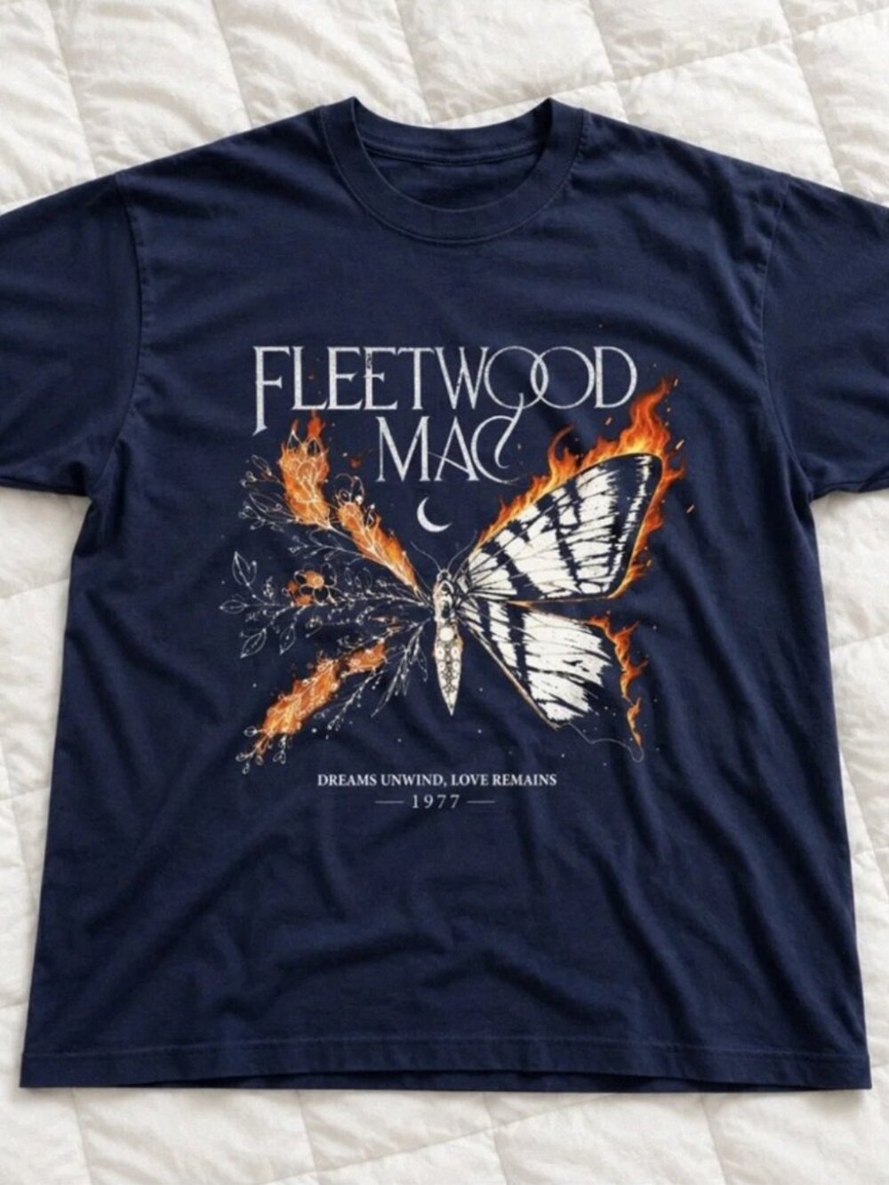 Navy Fleetwood Mac Graphic Tee - Butterfly Fire Design Gildan Shirt 70s Reprint
